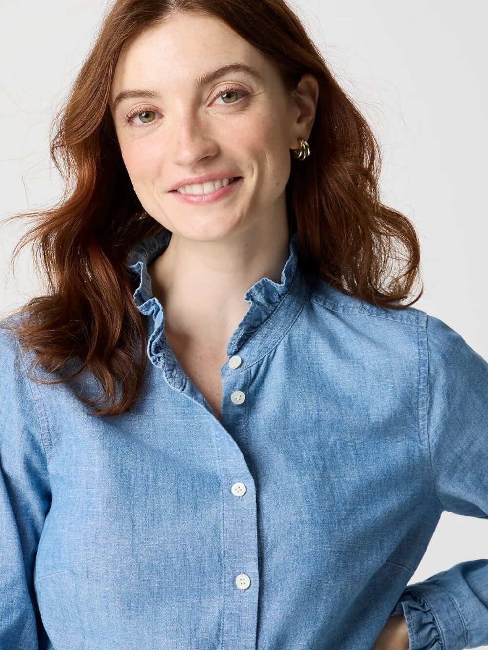 J Crew Chambray Ruffle Top Button-up Vista Blue Wash Womens LARGE NWT - Picture 3 of 4